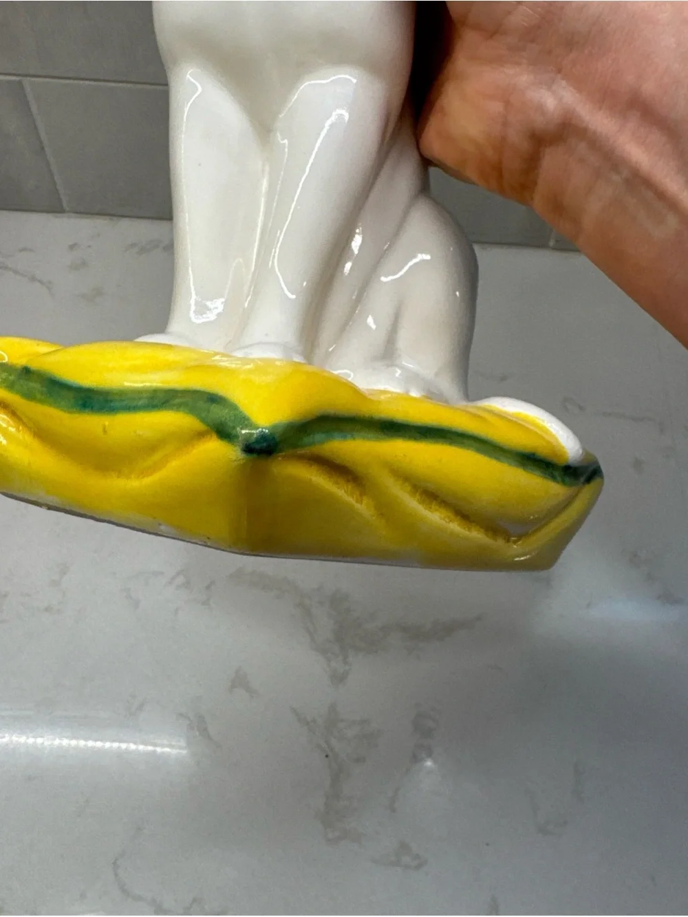 Vintage MCM White Ceramic Cat Figurine on Yellow Pillow - Decorative Pet Accent